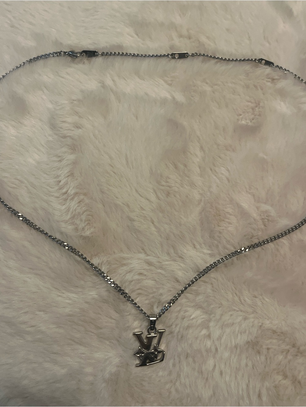 Louis Vuitton Silver-Tone LV Monogram Pendant Necklace